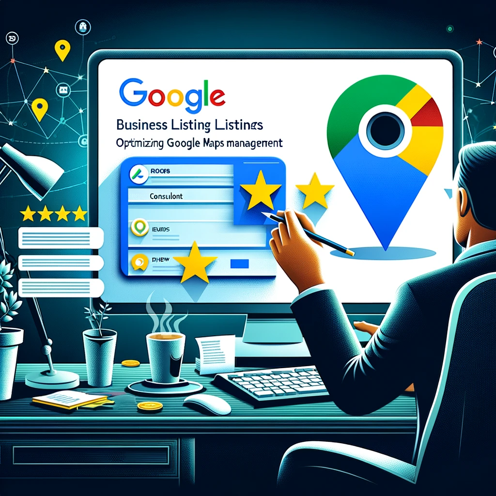 A consultant managing and updating a Google Business Listing on a desktop computer, with a Google Maps pin and star ratings.